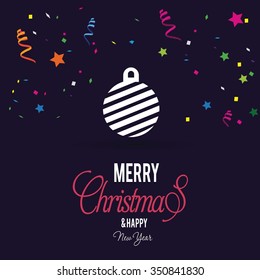 Christmas Ornament balls Greeting card. Christmas New Year Flat icon card illustration. Decorative Holiday Winter backgrounds. Vector illustration. Holiday Chrisatmas confetti background