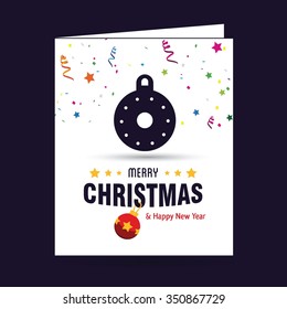 Christmas Ornament balls Greeting card. Christmas New Year Flat icon card illustration. Decorative Holiday Winter backgrounds. Vector illustration. Holiday Chrisatmas confetti background