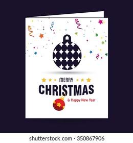 Christmas Ornament balls Greeting card. Christmas New Year Flat icon card illustration. Decorative Holiday Winter backgrounds. Vector illustration. Holiday Chrisatmas confetti background
