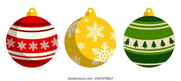 Christmas ornament balls illustration vector collection in Flat style, isolated red, green, yellow Xmas Hand draw graphic elements for Decoration, vector stock (Editable)