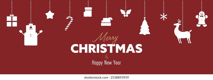 Christmas ornament banner background template decorated with snowmen, reindeer, Christmas tree (red)
