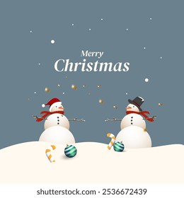 Christmas ornament banner or poster template vector with 2 snowmans