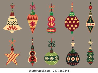 Christmas ornament baubles elements set. Festive trinkets and decorations. Folk art style. Hand drawn vector illustrations.