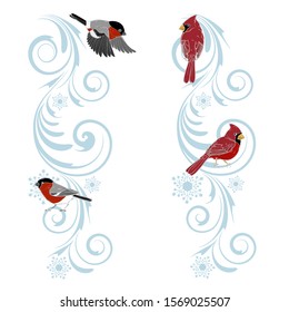 Christmas ornament and birds cardinals and bullfinches, Christmas design template, vector illustration