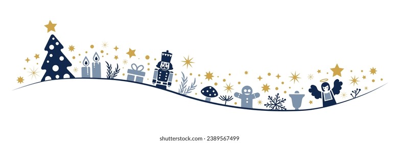 Christmas ornament blue and golden isolated on white background - Vector Illustration concept - candle, angel, nutcracker, stars, fir branch and more