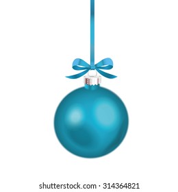 Christmas ornament with blue ribbon. Vector Illustration.