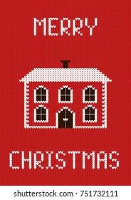 Christmas ornament, card with house and a wish of a Merry Christmas. Vector illustration.