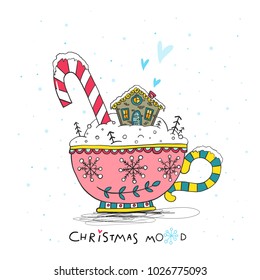 Christmas ornament cup of hot drink, gingerbread house and candy cane. Vector illustration