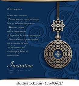 Christmas ornament with cutout paper frame, gold round bauble hanging on ribbon on blue ornamental background, vector decor for invitation card design. Template for laser cutting. Place for text.