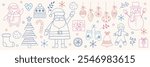 Christmas ornament design set. Hand drawn X-Mas elements: Santa Claus, tree, snowman, cookie, present. Clipart design. Vector illustration