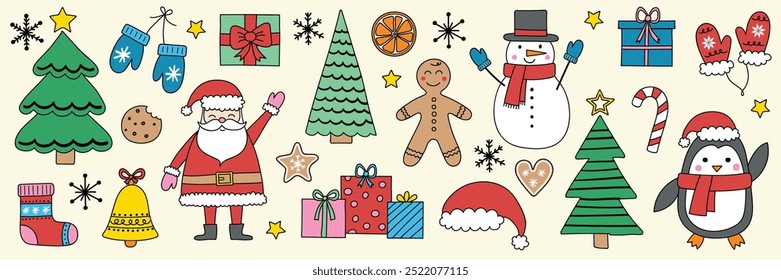 Conjunto de design de ornamento de Natal. Elementos X-Mas desenhados à mão: Papai Noel, árvore, boneco de neve, biscoito, presente. Design de clipart. Ilustração vetorial