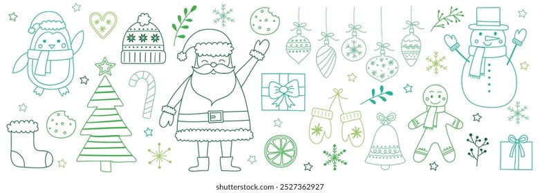 Conjunto de design de ornamento de Natal. Elementos X-Mas desenhados à mão: Papai Noel, árvore, boneco de neve, biscoito, presente. Design de clipart. Ilustração vetorial