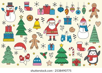 Conjunto de design de ornamento de Natal. Elementos X-Mas desenhados à mão: Papai Noel, árvore, boneco de neve, biscoito, presente. Design de clipart. Ilustração vetorial