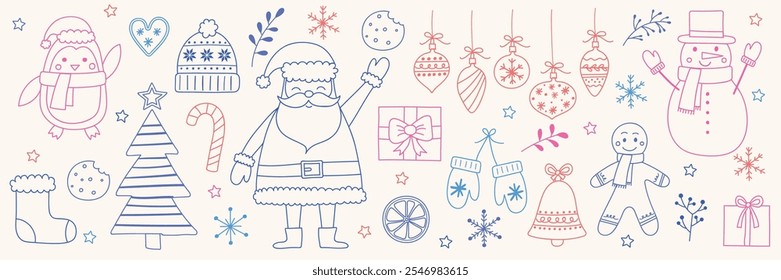 Conjunto de diseño de adorno de Navidades. Elementos X-Mas dibujados a mano: Papá Noel, árbol, muñeco de nieve, galleta, presente. Diseño Clipart. Ilustración vectorial