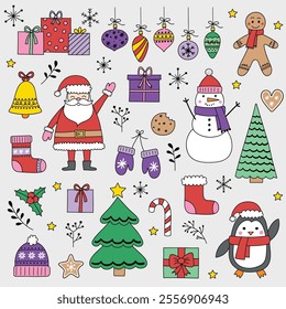 Christmas ornament design set. Hand drawn X-Mas elements: Santa Claus, tree, snowman, cookie, present. Clipart design. Vector illustration