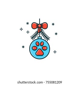 Christmas ornament with dog footstep print, bow and pine branches. New year bauble flat color line icon on isolated background. Noel decoration vector illustration. 