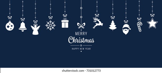 christmas ornament elements hanging blue background
