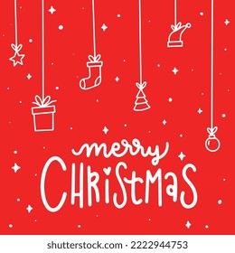 Christmas ornament elements hanging red background. Vector. Merry xmas design for web banner, postcard or poster. Figures of presents, Santa Claus hat, star, tree. 