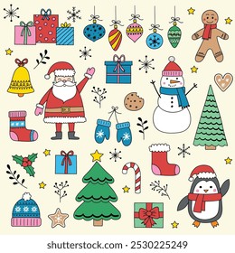 Christmas ornament elements. Set with cute decorations and characters: Santa Claus, snowman, cookie. Vector illustration