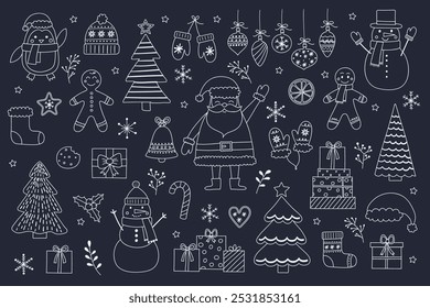 Christmas ornament elements. Set with cute decorations and characters: Santa Claus, snowman, cookie. Vector illustration