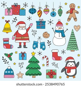 Christmas ornament elements. Set with cute decorations and characters: Santa Claus, snowman, cookie. Vector illustration