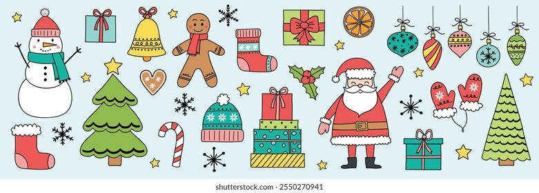 Christmas ornament elements. Set with cute decorations and characters: Santa Claus, snowman, cookie. Vector illustration