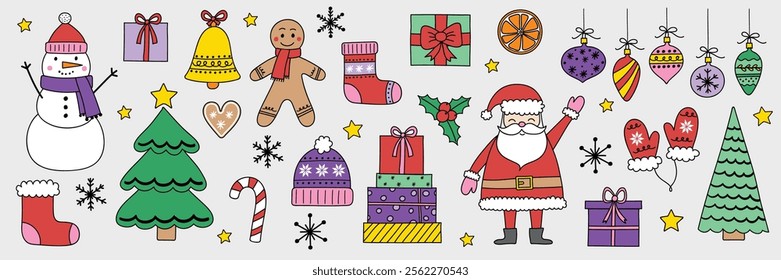 Christmas ornament elements. Set with cute decorations and characters: Santa Claus, snowman, cookie. Vector illustration