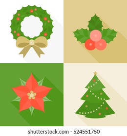 Christmas ornament flat design with long shadow, pine tree, wreath, holly and poinsettia