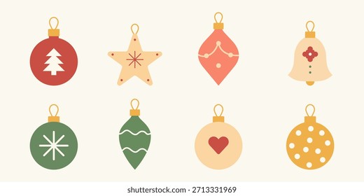 Christmas ornament flat design set. Minimal holiday decoration illustration set.