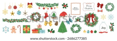 Christmas ornament and frame vector illustration set. Collection of Christmas tree, wreath, bauble, gingerbread, angel, Santa hat, snowflake. Design for sticker, card, poster, invitation, greeting.