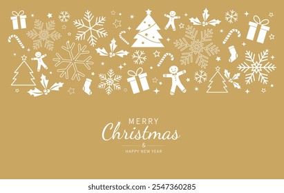 Christmas ornament with gift box, star, reindeer, snowflake, candy cane, Christmas tree. gingerbread man, holly berry. Xmas banner. Decorative christmas. Merry christmas and New year card. Vector