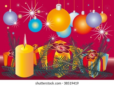 christmas ornament with gifts ,cone branches and candle light