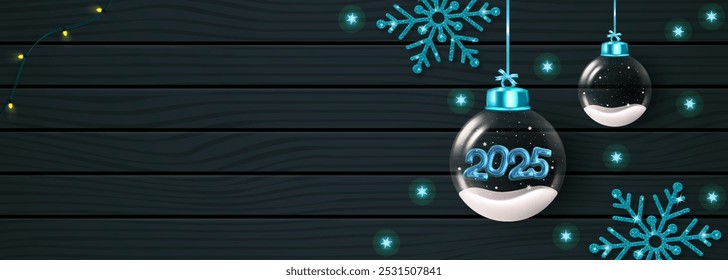 Navidades adorno bola de cristal con nieve en el interior y números 2025. Decoración transparente de la Navidad de la bola, nieve brillante azul, luces bokeh. Diseño 3d realista. Ilustración vectorial.