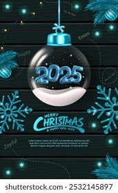 Navidades adorno bola de cristal con nieve en el interior y números 2025. Decoración transparente de la Navidad de la bola, nieve brillante azul, luces bokeh. Diseño 3d realista. Ilustración vectorial.