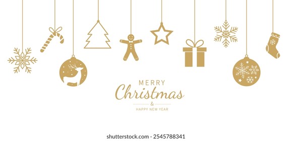 Christmas ornament gold with gift box, star, reindeer, snowflake, candy cane, Christmas tree. Xmas banner. Decorative christmas element. Merry christmas and New year card. Vector illustration