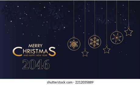 Christmas ornament golden snowflakes and stars on dark blue gradient background. 