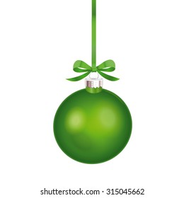 Christmas ornament with green ribbon. Vector Illustration.