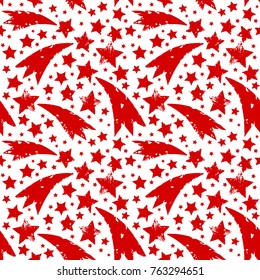Christmas ornament with grungy xmas red stars and comets isolated on white background. Seamless vector pattern.