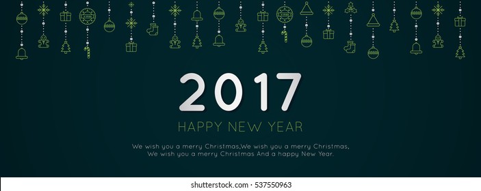 Christmas ornament hanging and Happy New Year 2017 text design. 