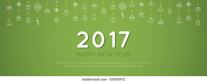 Christmas ornament hanging and Happy New Year 2017 text design. 