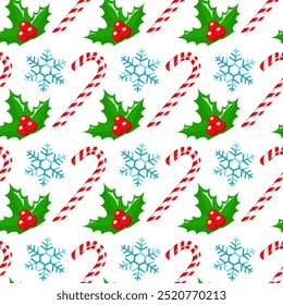 Christmas ornament with holly berries, candy canes and snowflakes on white background. Winter holiday seamless pattern with green holly leaves, snowflakes and mint candies, vector illustration