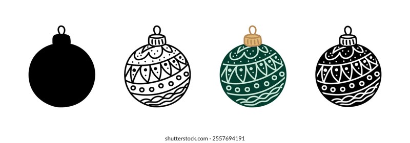 Christmas ornament icon set, including outline, silhouettes and green variations isolated on white background. Concept of Holiday decoration, winter decor, traditional Christmas balls, bauble