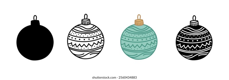 Christmas ornament icon set including outline, silhouettes and green variations isolated on white background. Concept of Holiday decoration, winter decor, Christmas balls, bauble, New Year