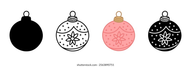 Christmas ornament icon set, including outline, silhouettes and pink variations isolated on white background. Concept of Holiday decoration, winter decor, Christmas balls, bauble, New Year