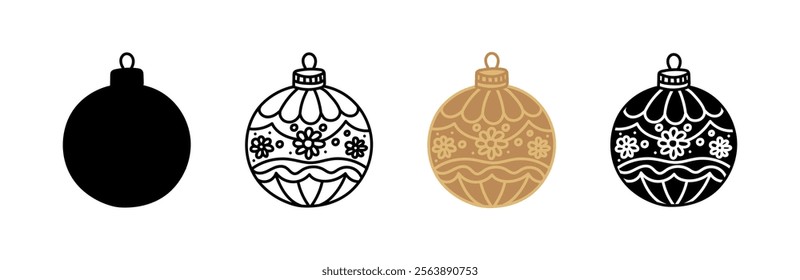 Christmas ornament icon set, including outline, silhouettes and golden variations isolated on white background. Concept of Holiday decoration, traditional Christmas balls, bauble