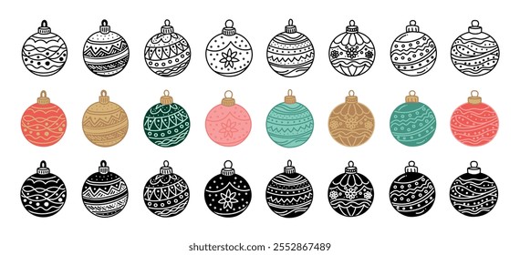 Christmas ornament icon set in various styles including outline, silhouettes and colored variations isolated on white background. Holiday decoration, seasonal winter decor, traditional Christmas balls