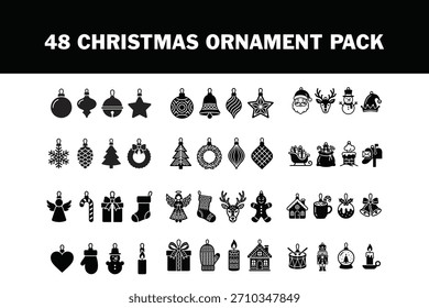 Navidades ornamento icono conjunto Ilustración vectorial. Colección de 48 símbolos de decoración de vacaciones de silueta negra aislados sobre fondo blanco. Pack de Elementos de diseño de invierno festivos.