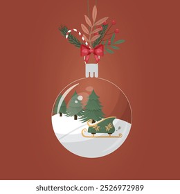 Christmas Ornament with Miniature Winter Scene. Festive Christmas bauble ornament featuring a miniature winter landscape with pine trees and sleigh, adorned with holiday greenery and candy cane.