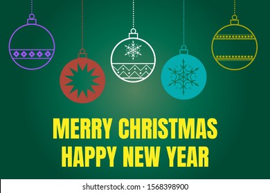 Christmas ornament on green background and yellow text, Five Christmas ball falls from above,purple red white blue and yellow ball,yellow text below,copy space,dark green background ,vector  image