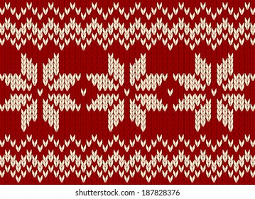 christmas ornament on red background, scandinavian style seamless knitted pattern